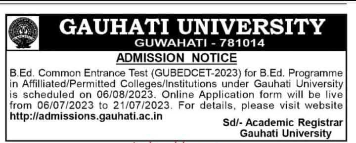 Gauhati University B.Ed Admission Notice