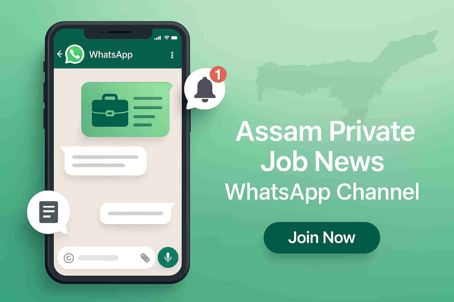 Assam Private Job News WhatsApp Channel banner with WhatsApp icons, Assam map, job alert notification and join now button