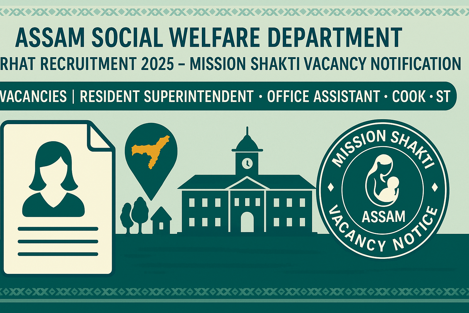 DSWO Jorhat Recruitment 2025 banner featuring vacancies for Resident Superintendent, Office Assistant, Cook, Multi-Purpose Staff and Night Guard under Mission Shakti Assam