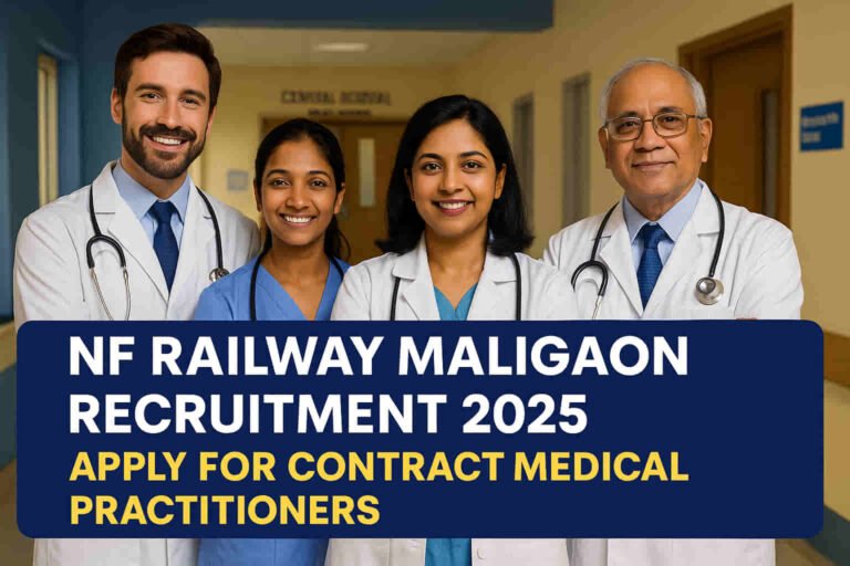 Doctors at Central Hospital N.F. Railway Maligaon – NF Railway Maligaon Recruitment 2025 banner showing medical professionals for Contract Medical Practitioner posts.