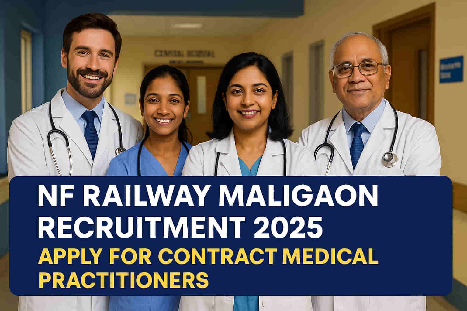 Doctors at Central Hospital N.F. Railway Maligaon – NF Railway Maligaon Recruitment 2025 banner showing medical professionals for Contract Medical Practitioner posts.