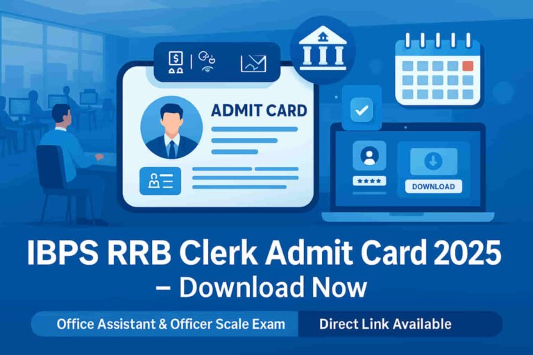 IBPS RRB Clerk Admit Card 2025 Download Link Banner with Banking Exam Theme for Office Assistant & Officer Scale Posts