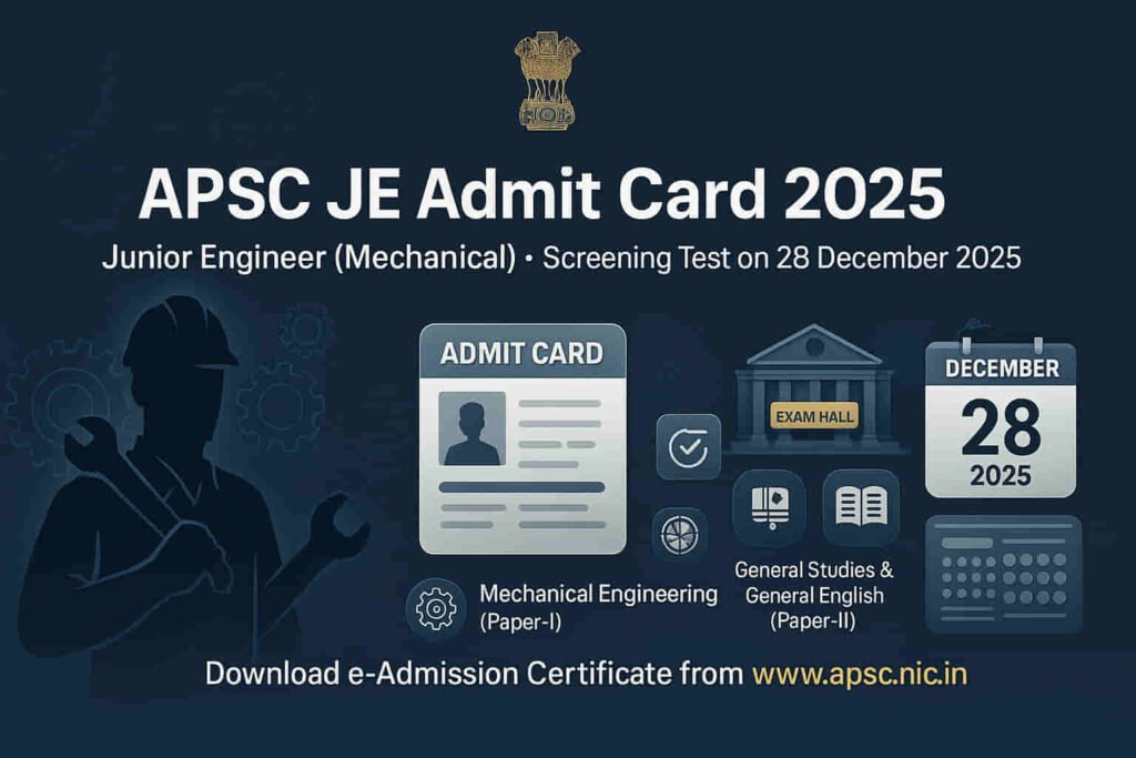 APSC JE Mechanical Admit Card 2025, APDC JE Screening Test OMR Exam, Water Resources Department Junior Engineer Hall Ticket Download, APSC exam date 28 December 2025