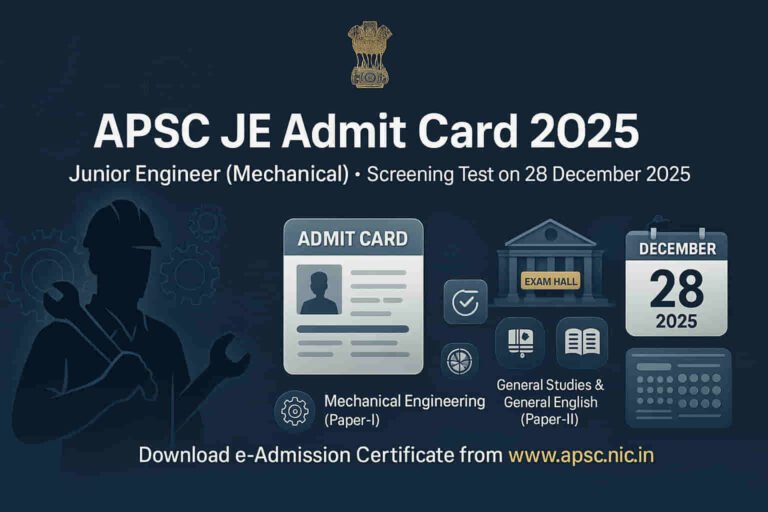 APSC JE Mechanical Admit Card 2025, APDC JE Screening Test OMR Exam, Water Resources Department Junior Engineer Hall Ticket Download, APSC exam date 28 December 2025