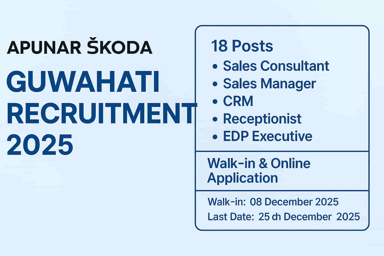 Apunar SKODA Guwahati Recruitment 2025 – 18 vacancies for Sales Consultant, Manager, CRM, Receptionist, EDP Executive with walk-in and online application details.
