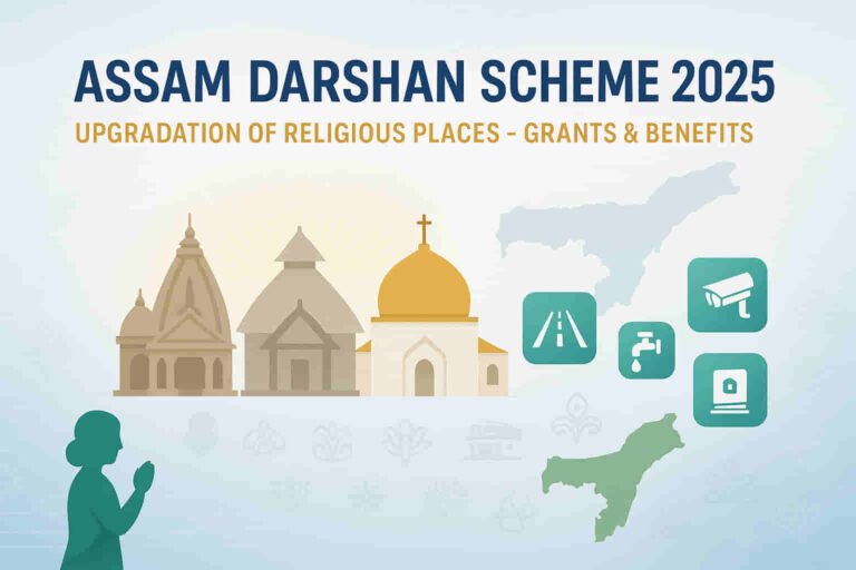 Official banner showing Assam Darshan Scheme 2025 with visuals of temples, satras, mosques, and cultural heritage icons representing infrastructure upgradation.