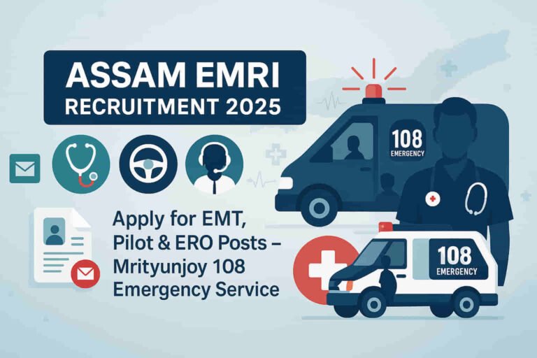 Assam EMRI Recruitment 2025 banner showing EMT, Pilot and ERO vacancies under Mrityunjoy 108 Emergency Service with application details