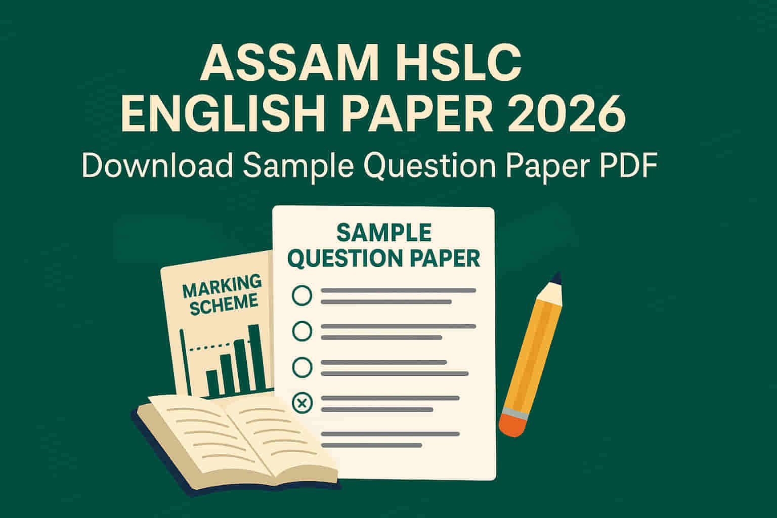 Feature banner for Assam HSLC English Paper 2026 with sample model question paper PDF, marking scheme and exam format