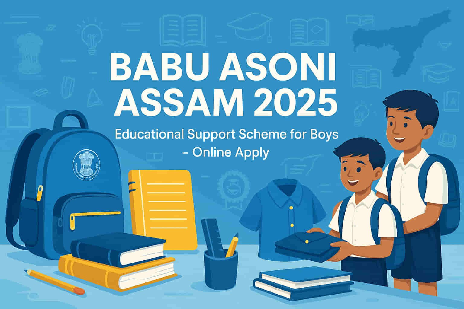 Babu Asoni Assam 2025 banner showing benefits for boys students, educational assistance details, and scheme highlights by Government of Assam