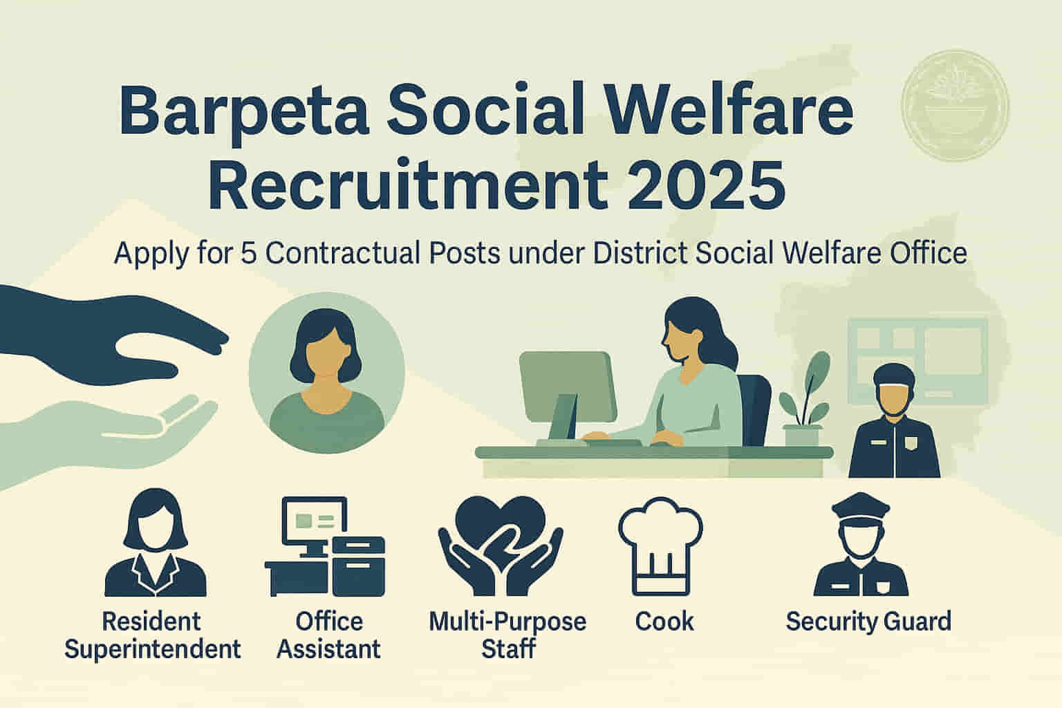 Barpeta Social Welfare Recruitment 2025 banner showing vacancy details for Resident Superintendent, Office Assistant, MTS, Cook and Security Guard