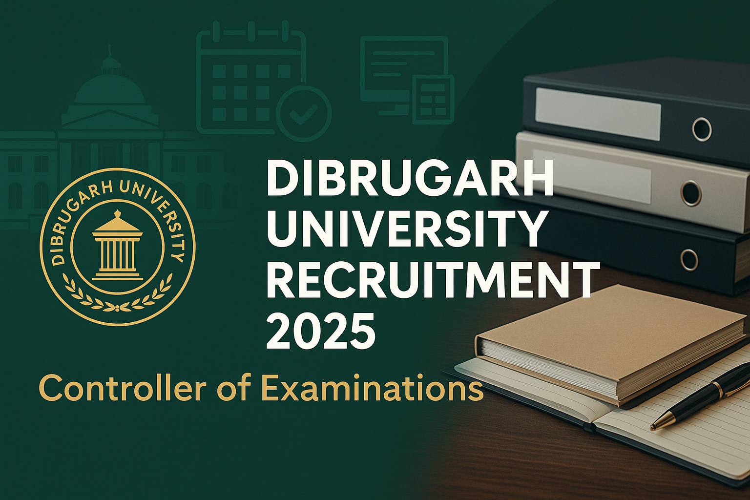 Dibrugarh University Recruitment 2025 banner featuring Controller of Examinations post, academic and administrative themed design