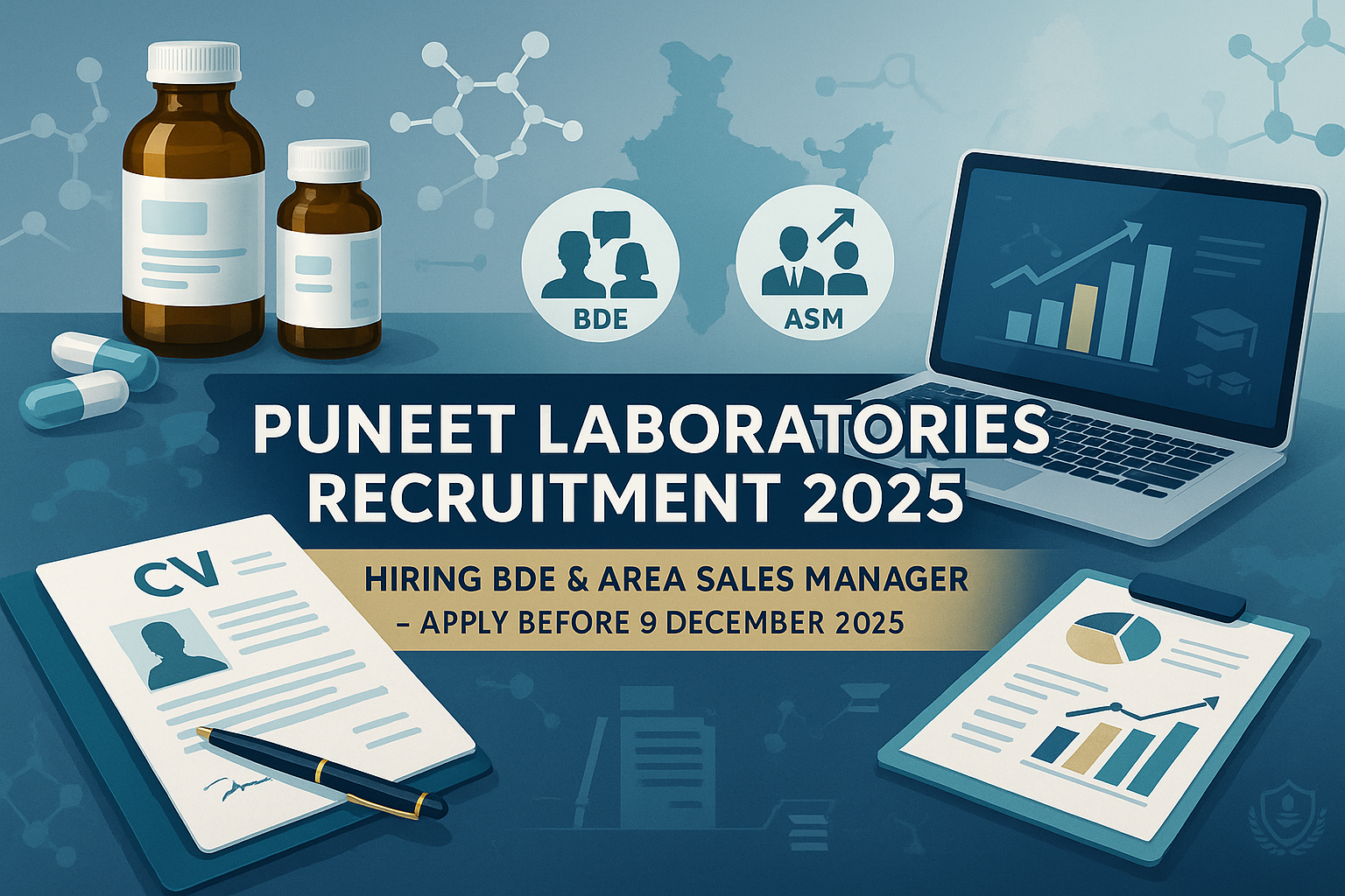 Puneet Laboratories Recruitment 2025 banner showing vacancies for BDE and Area Sales Manager in Guwahati, Tezpur and Tinsukia with pharma company hiring visuals