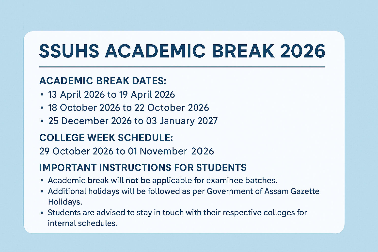 SSUHS Academic Break 2026 – Official Holiday & Break Schedule