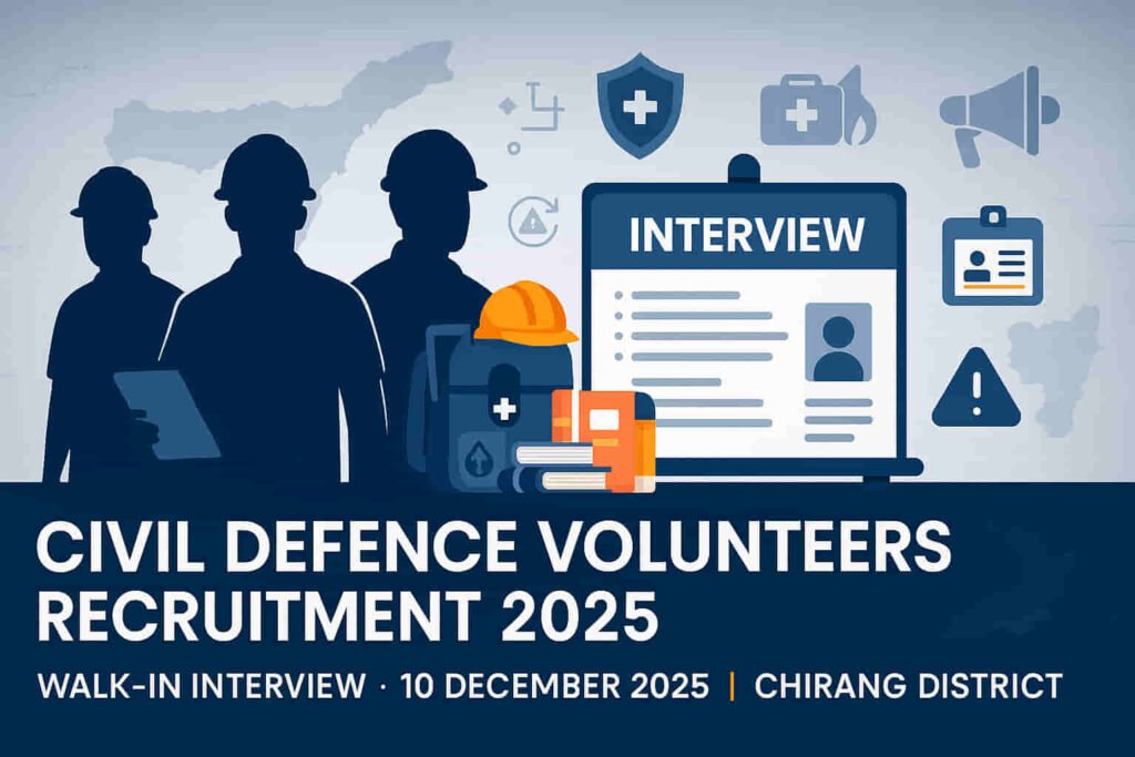 Civil Defence Volunteers Recruitment 2025 banner showing walk-in interview date, eligibility criteria, and selection details for Chirang district under Civil Defence Assam