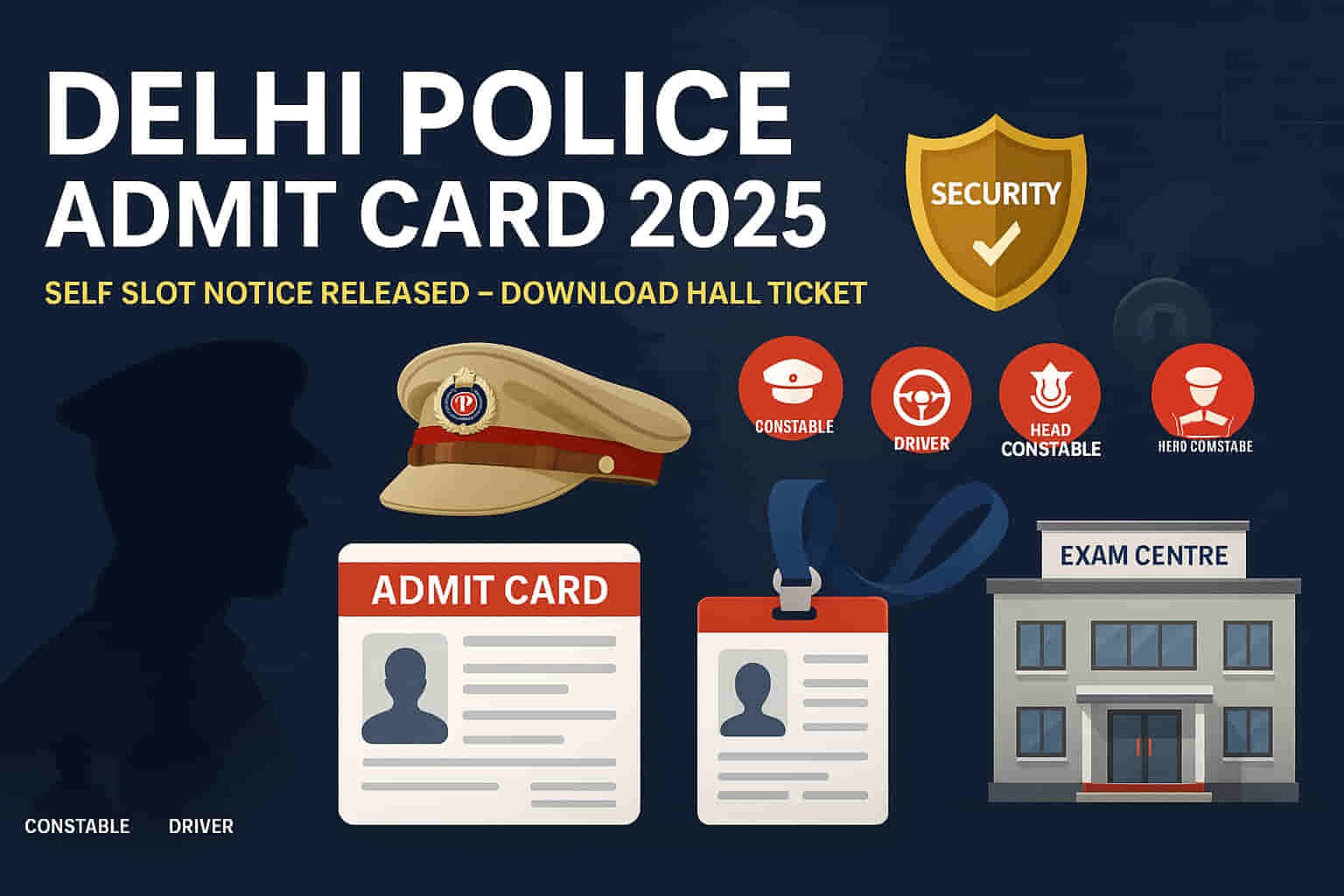 Delhi Police Admit Card 2025 banner with exam dates, self-slot notice, hall ticket download details, and recruitment exam schedule