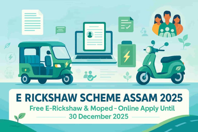 E Rickshaw Scheme Assam 2025 banner showing online application dates, eligibility criteria, and free e-rickshaw distribution by the Linguistic Minority Development Board