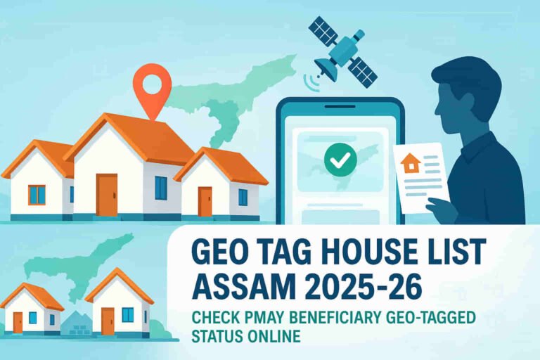Geo Tag House List Assam 2025-26 banner showing PMAY housing, geo-tag location icons, GPS verification graphics, and Assam map outline.
