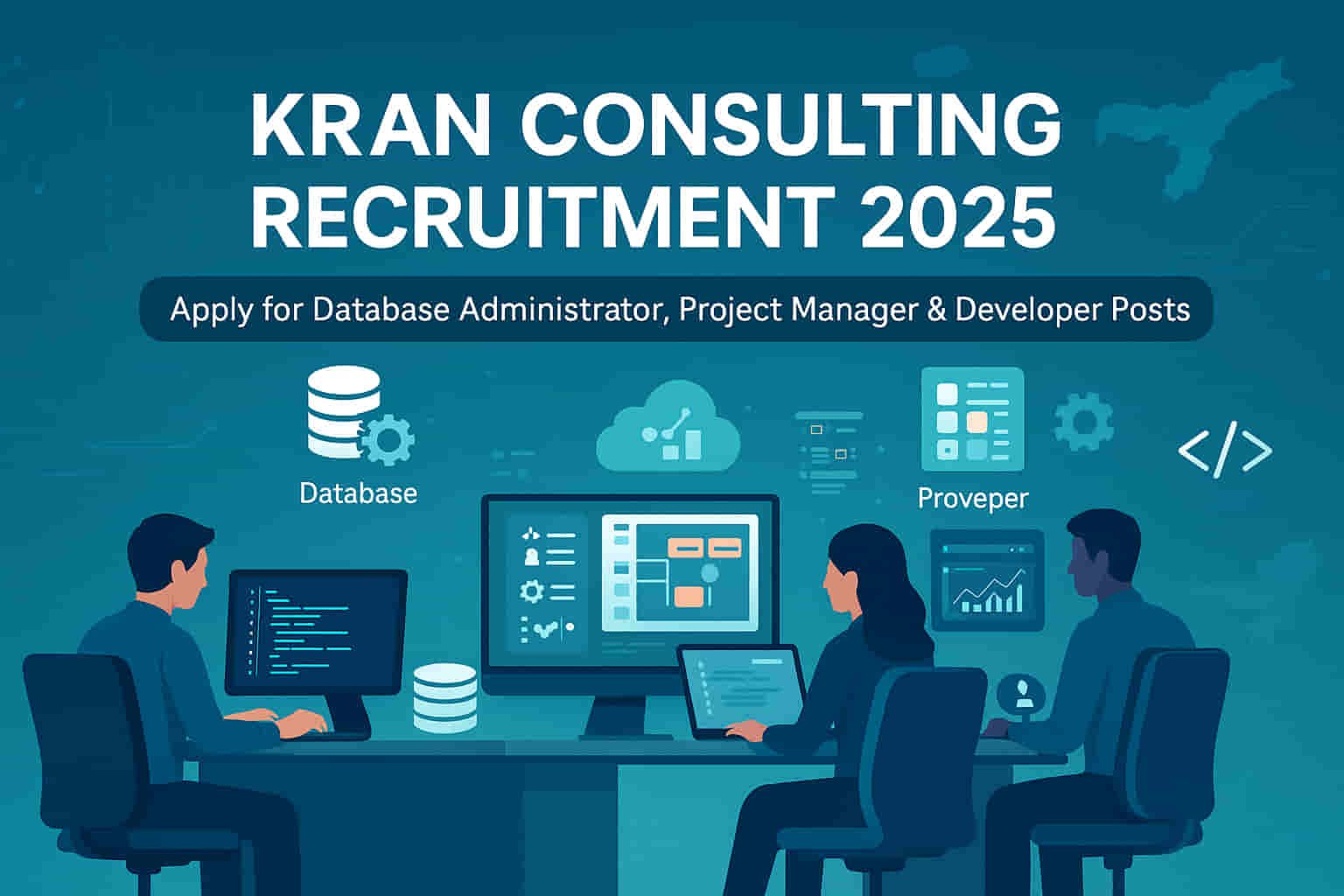 Kran Consulting Pvt Ltd Recruitment 2025 banner showing Database Administrator, Project Manager, and Developer vacancies with online apply details