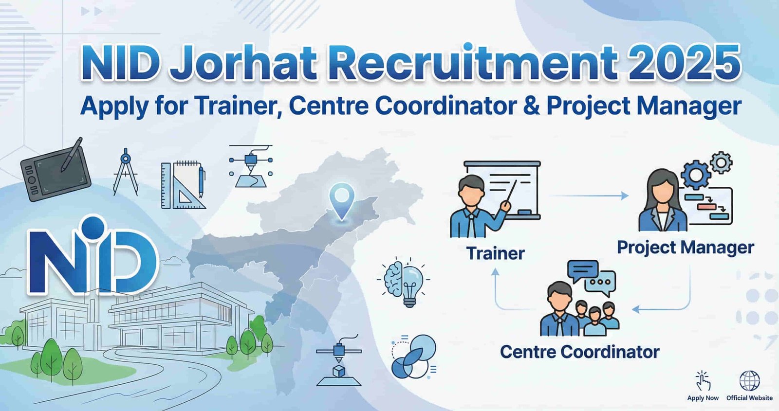 NID Jorhat Recruitment 2025, teaching and trainer vacancies in Assam, NID Assam job notification, apply for Trainer, Centre Coordinator and Project Manager posts, NID Jorhat career opportunity
