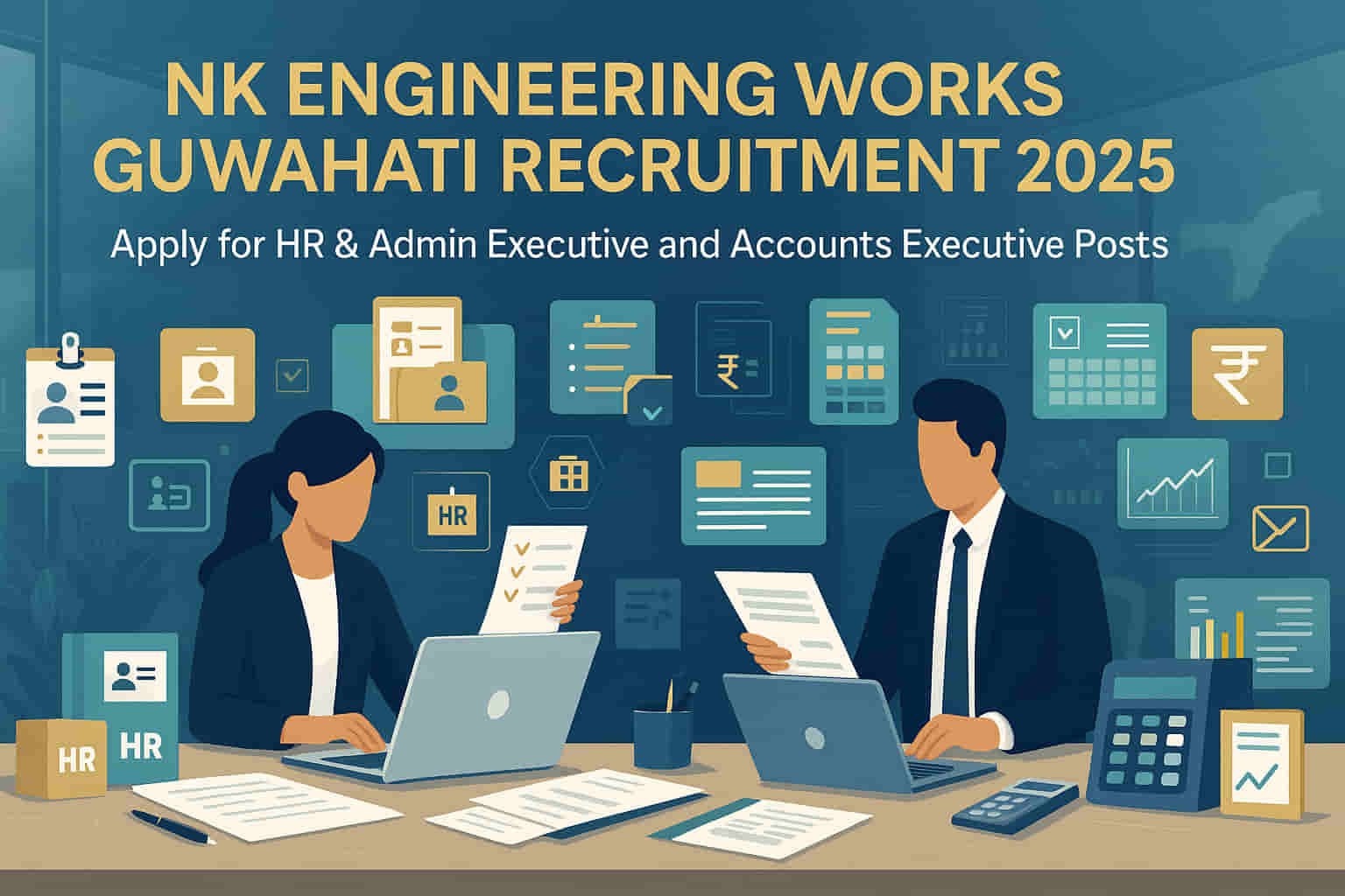NK Engineering Works Guwahati Recruitment 2025 banner showing HR & Admin Executive and Accounts Executive job vacancies with online application details