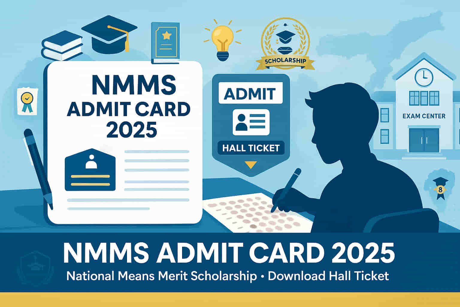NMMS Admit Card 2025 banner showing exam date, hall ticket download details and National Means Merit Scholarship information by DSE Assam