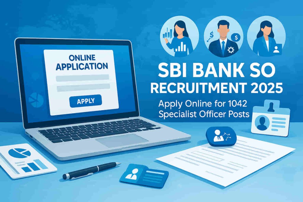 SBI Bank SO Recruitment 2025 banner showing online application details for 1042 Specialist Officer vacancies under State Bank of India