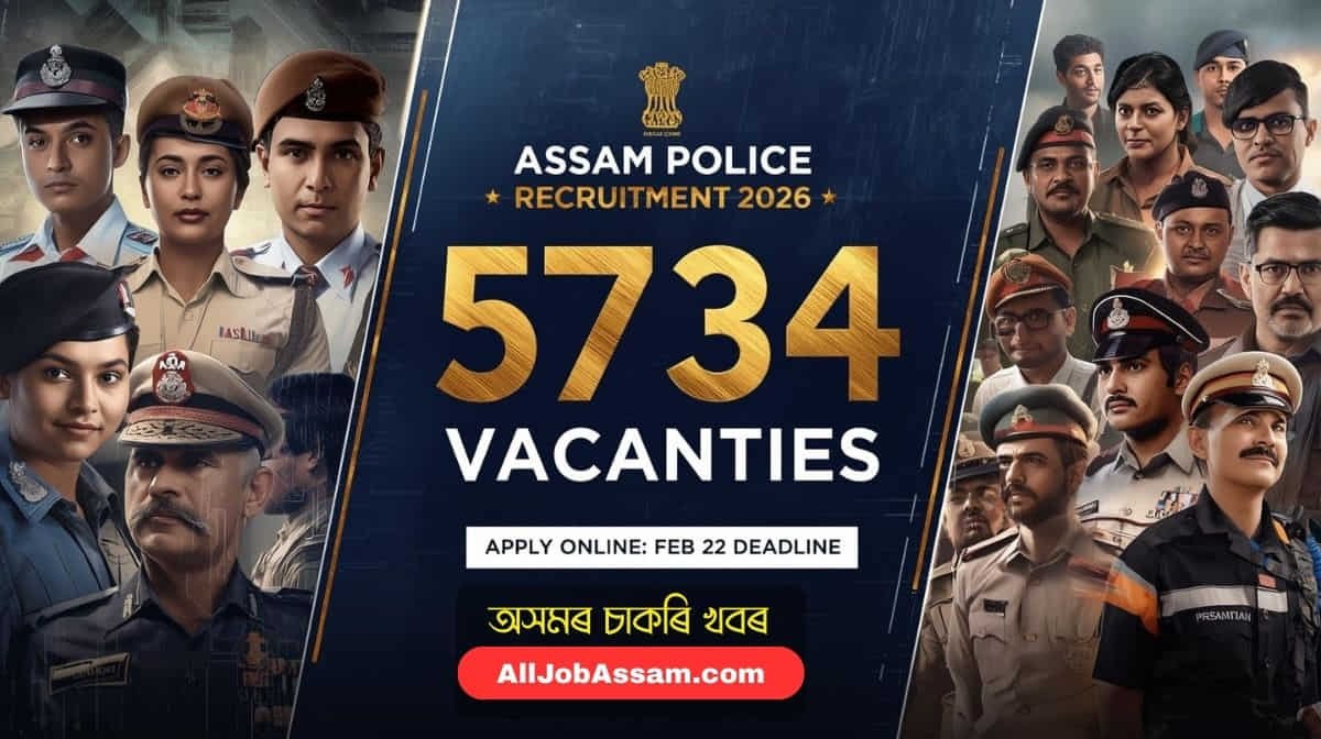 Official banner of Assam Police Recruitment 2026 for 5734 vacancies.