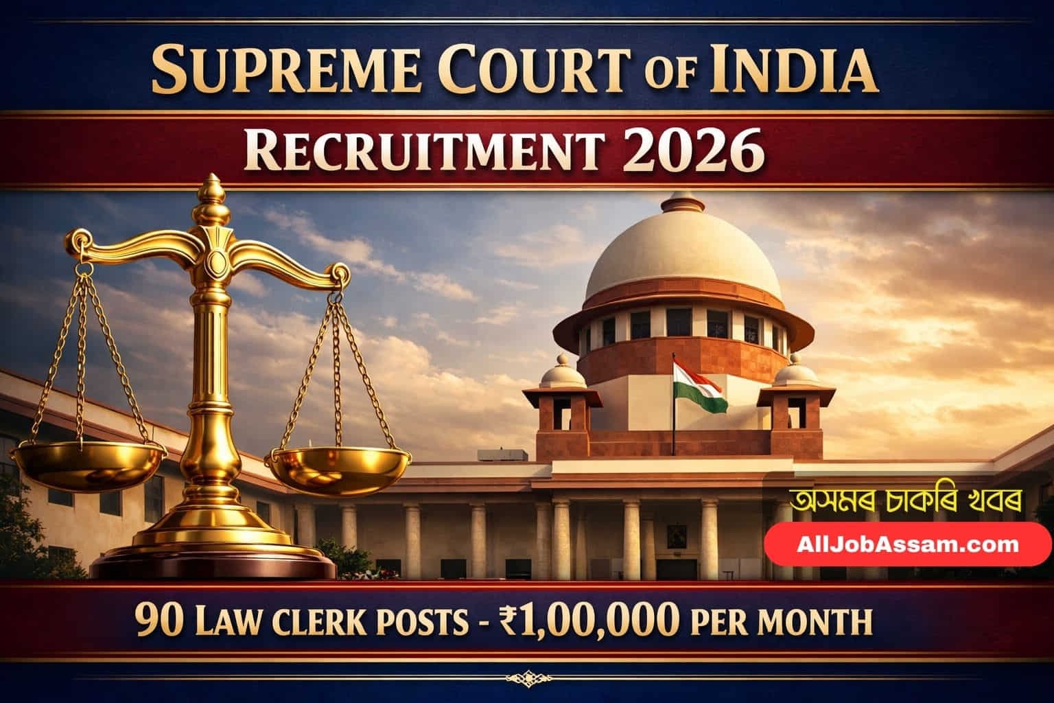 Official Supreme Court of India building with recruitment text for Law Clerk 2026