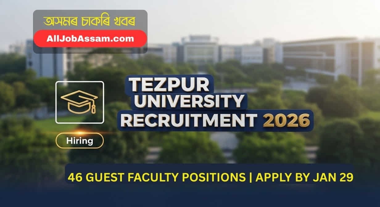 Official building of Tezpur University with recruitment text for 46 Guest Faculty posts 2026.