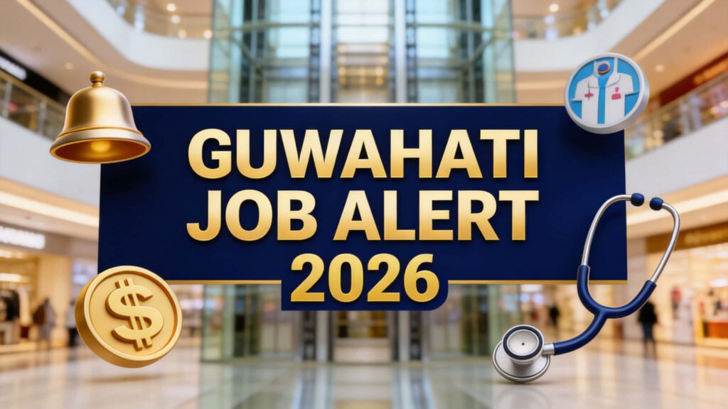 A collage showing City Centre Guwahati Mall and professional icons for sales, medical, and engineering jobs.