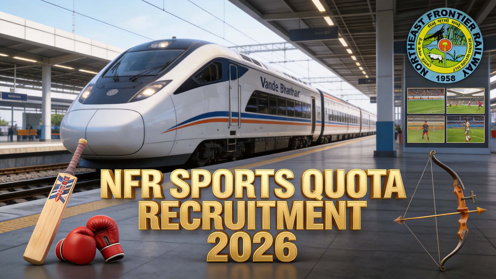Official banner of NFR Railway Recruitment 2026 for 9 Sports Quota vacancies.