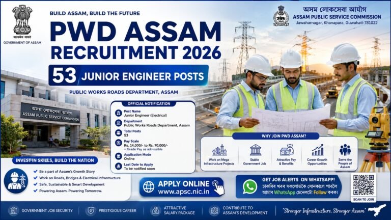 PWD Assam Recruitment 2026 Junior Engineer Electrical Vacancy Notification
