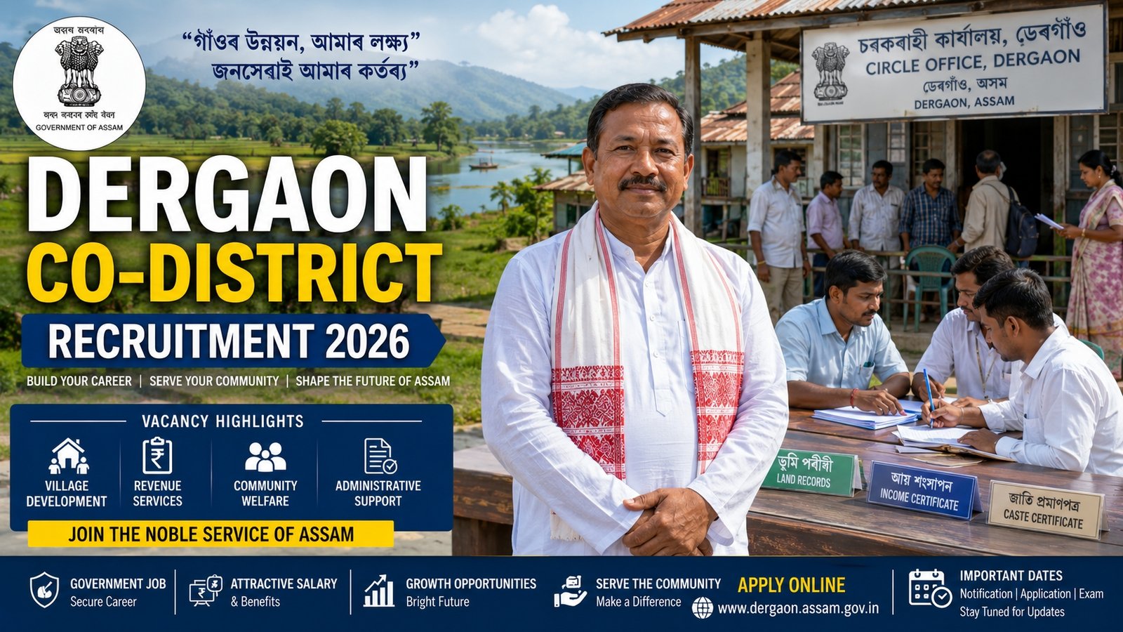 Dergaon Co-District Recruitment 2026 notification for 10 Gaon Pradhan government job vacancies in Assam