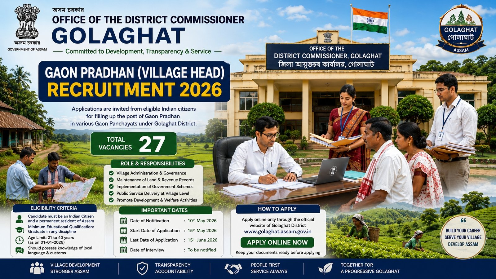 Golaghat Recruitment 2026 notification for 28 Gaon Pradhan vacancies