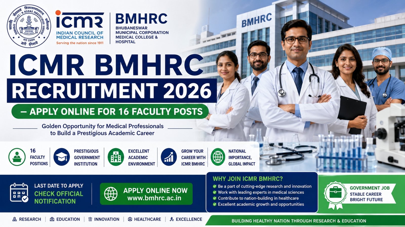 ICMR BMHRC Recruitment 2026 for 16 Professor Associate Professor and Assistant Professor vacancies