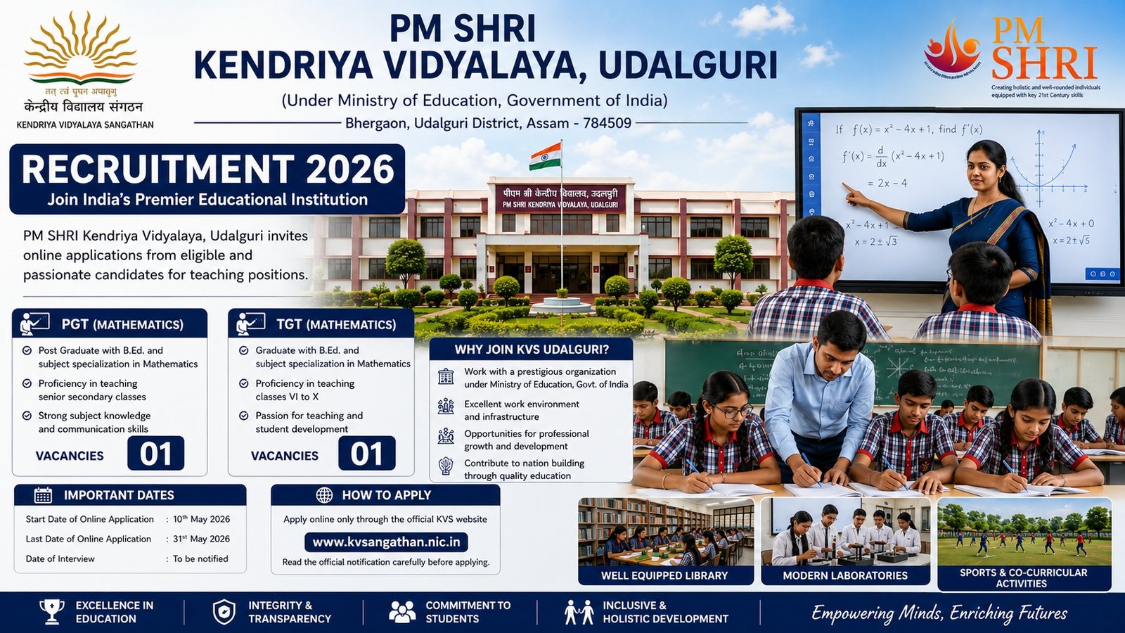 KV Udalguri Recruitment 2026 for PGT Maths and TGT Maths teaching posts
