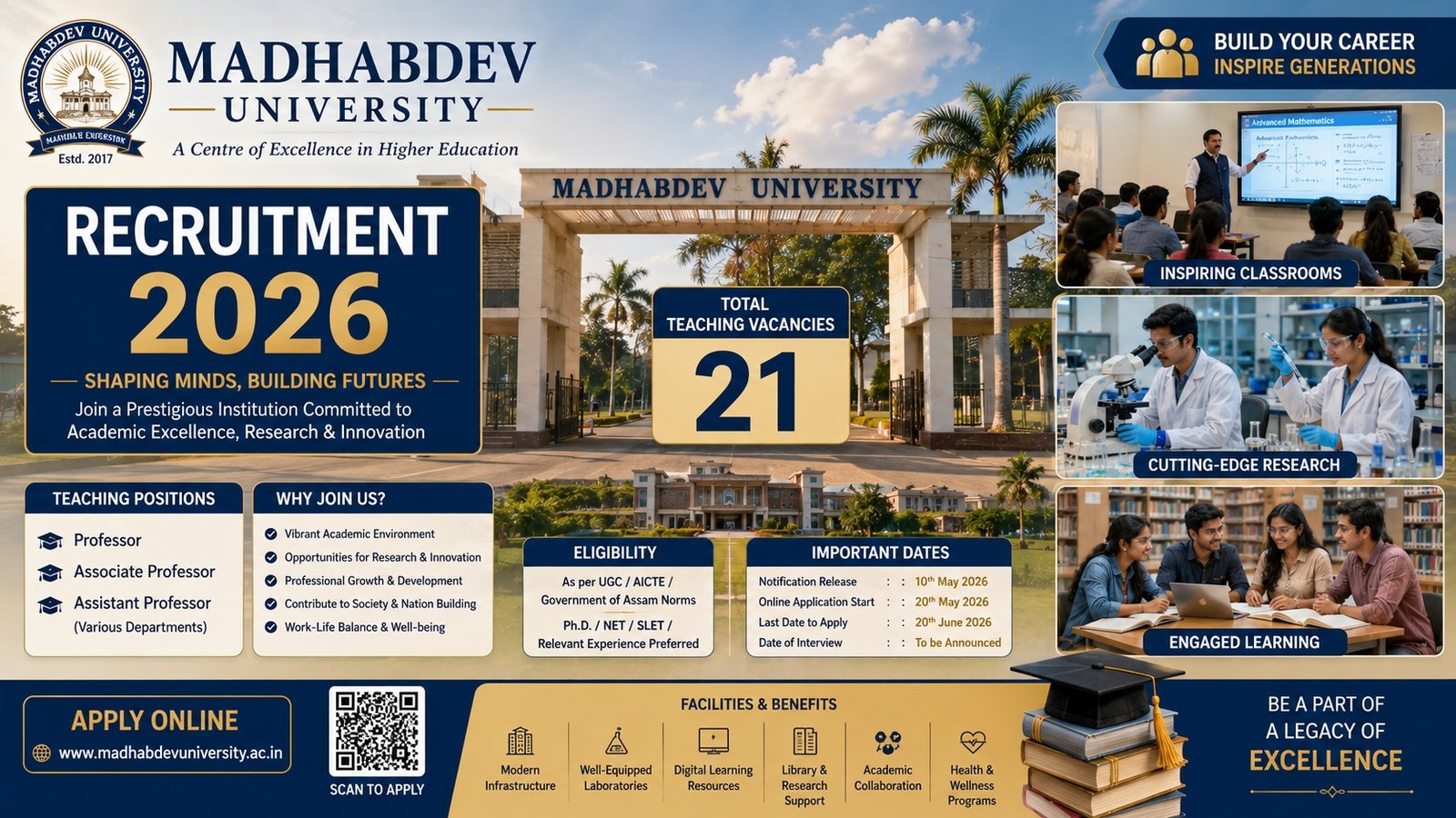 Madhabdev University Recruitment 2026 for 21 Teaching Posts