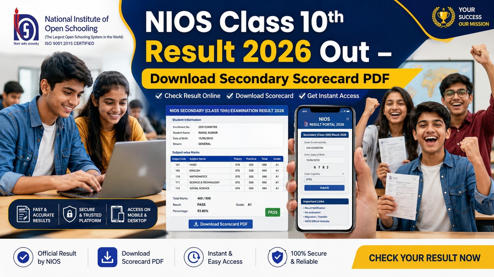 Students checking NIOS Class 10th Result 2026 online scorecard
