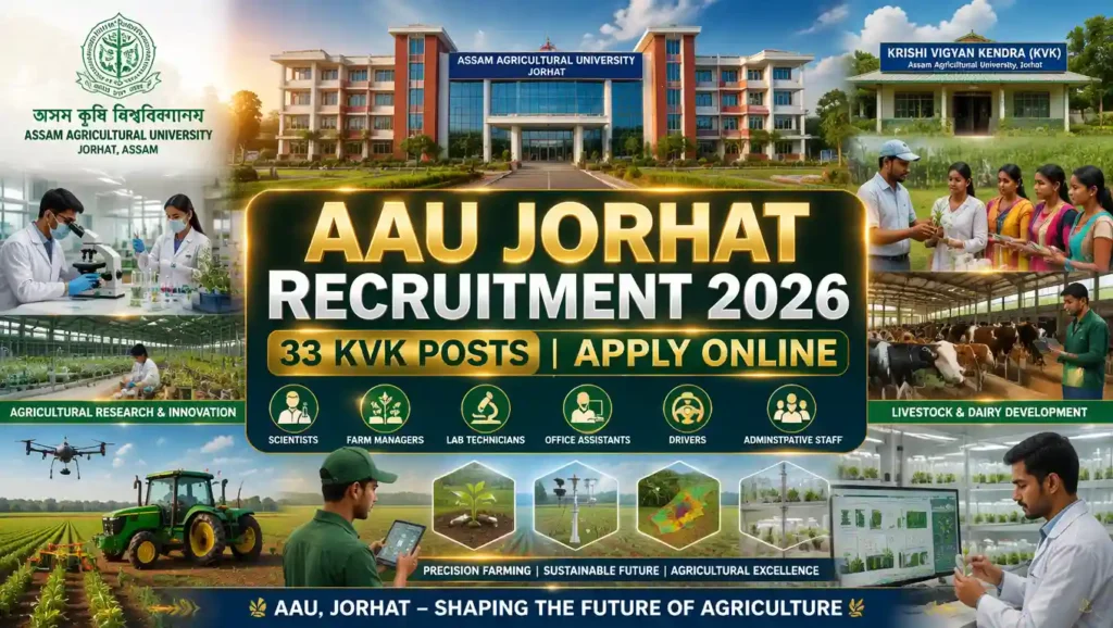 AAU Jorhat Recruitment 2026 – Apply Online for 33 KVK Posts 1 AAU Jorhat Recruitment 2026 vacancy details for Senior Scientist, Subject Matter Specialist, Farm Manager, Programme Assistant, Driver and other KVK posts
