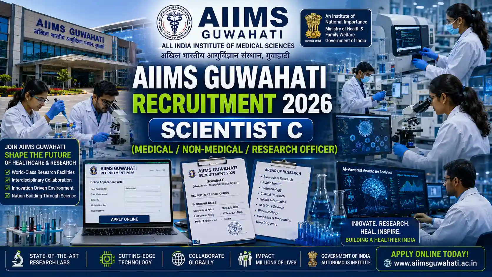AIIMS Guwahati medical college building with recruitment announcement for Scientist C position
