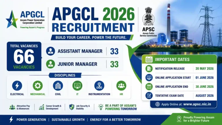 APGCL Recruitment 2026 for 66 Assistant Manager and Junior Manager vacancies across Electrical, Mechanical, Civil, IT, Instrumentation, and HR disciplines