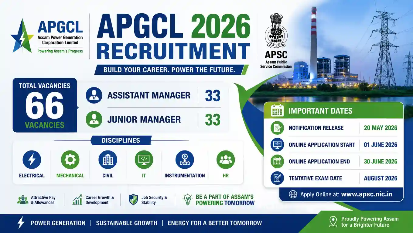 APGCL Recruitment 2026 for 66 Assistant Manager and Junior Manager vacancies across Electrical, Mechanical, Civil, IT, Instrumentation, and HR disciplines