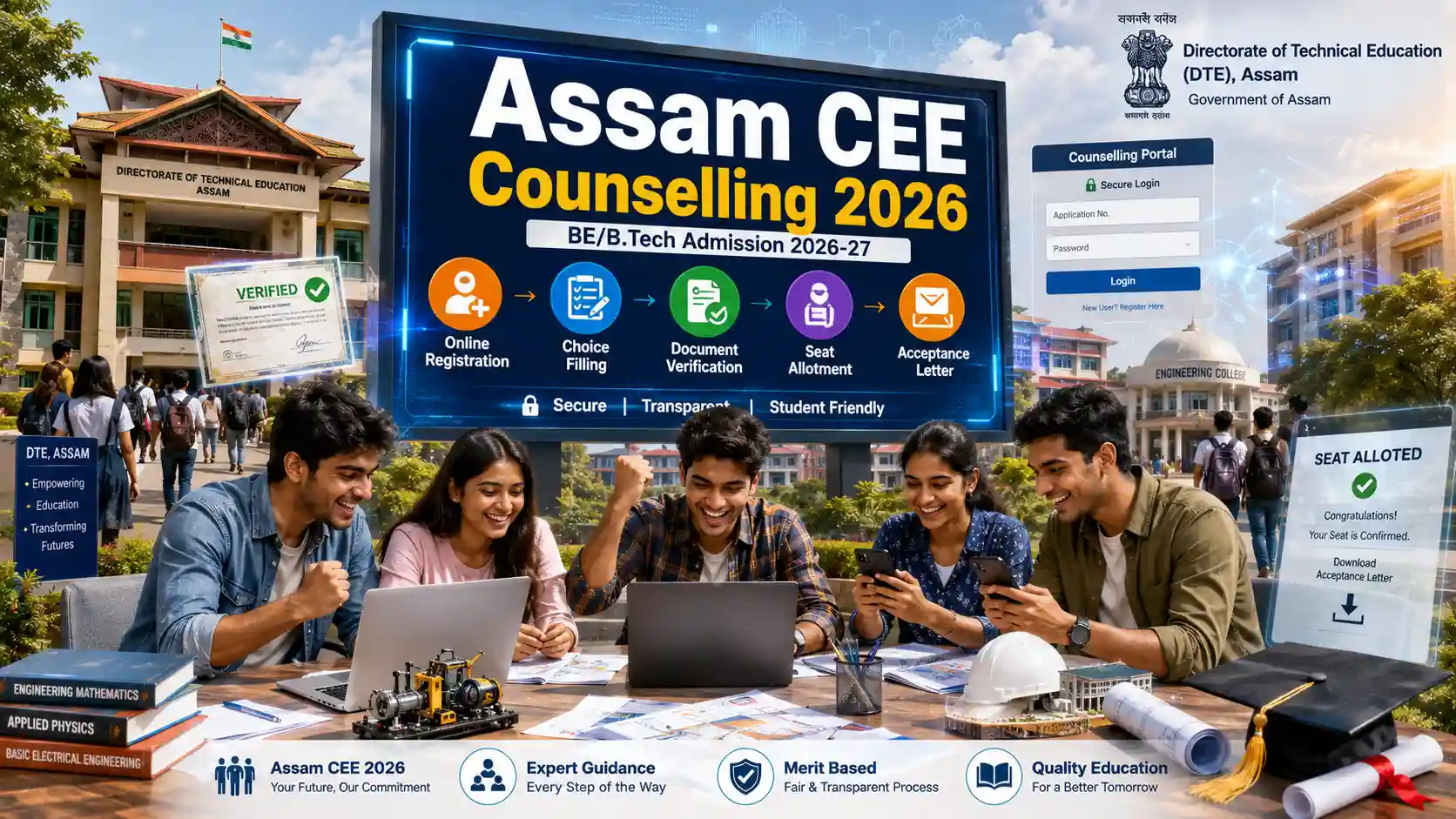 Assam CEE Counselling 2026 online registration, seat allotment and BE B.Tech admission process in Assam.