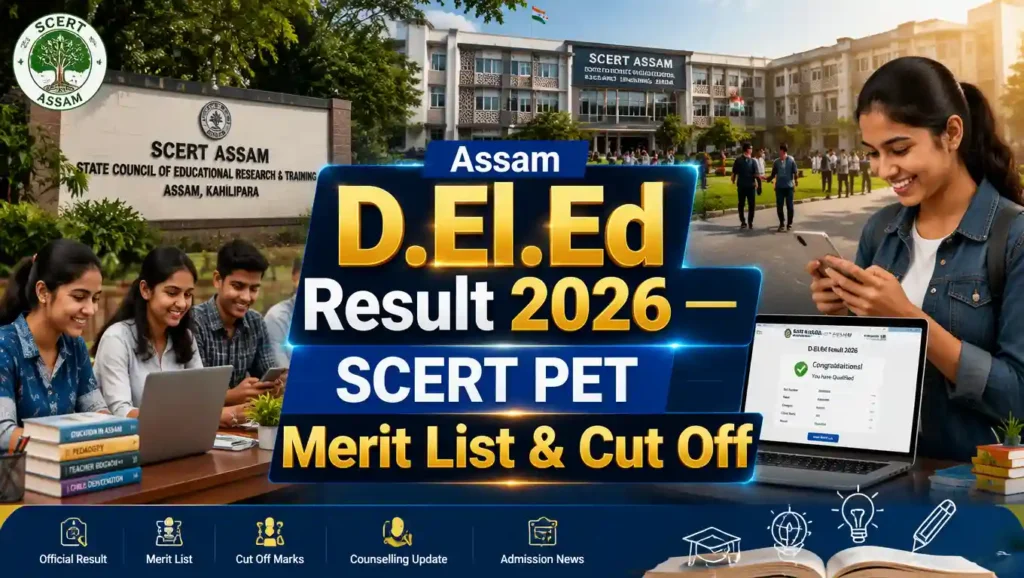 Assam D.El.Ed Result 2026 (Out) | Check SCERT PET Merit List & Cut Off 1 Assam D.El.Ed Result 2026 overview showing SCERT PET merit list, rank, cut off marks and admission details