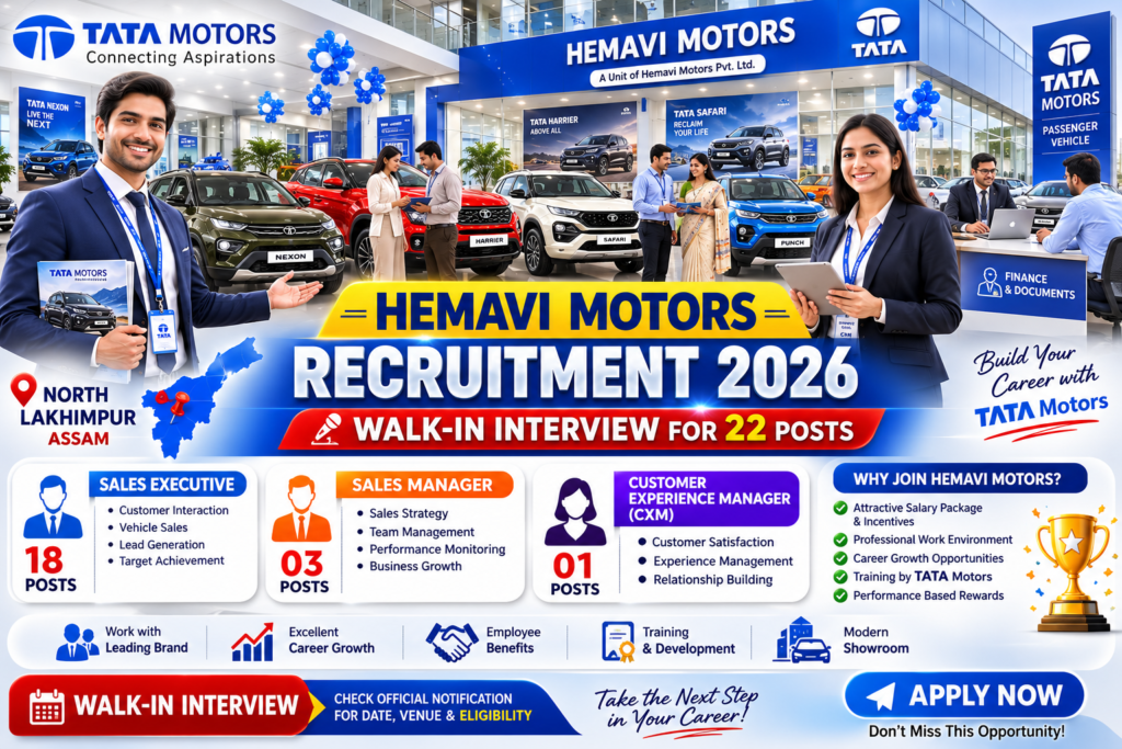 Hemavi Motors Recruitment 2026 – Apply for 22 Sales Executive, Sales Manager & CXM Posts 1 Hemavi Motors Recruitment 2026 walk-in interview for sales positions in North Lakhimpur