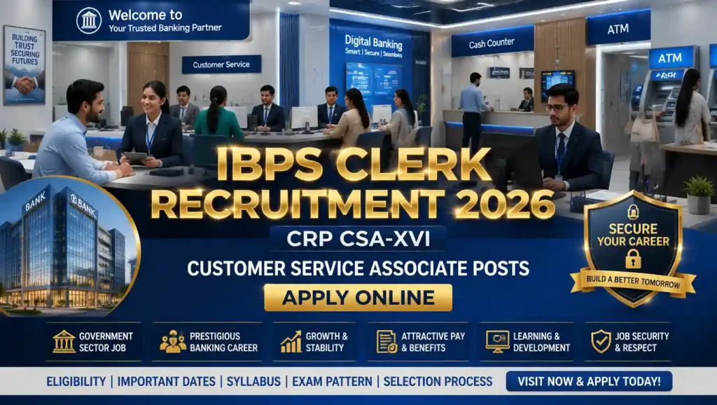 IBPS Clerk Recruitment 2026 CRP CSA XVI vacancy details for Customer Service Associate CSA posts in participating public sector banks