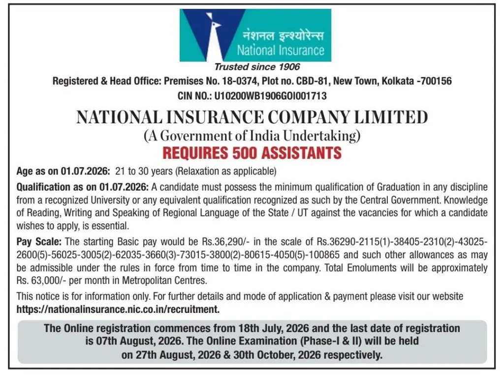 NICL Assistant Recruitment 2026 Apply Online for 500 Posts