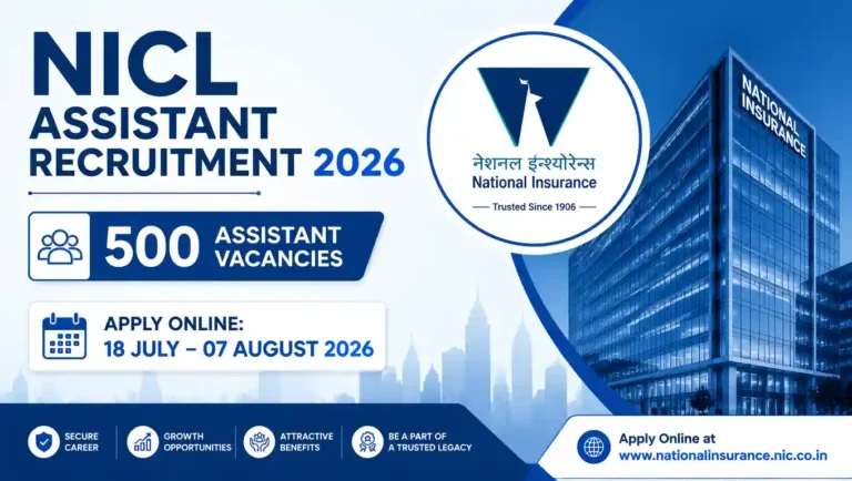 NICL Assistant Recruitment 2026 notification banner with 500 vacancies and application dates