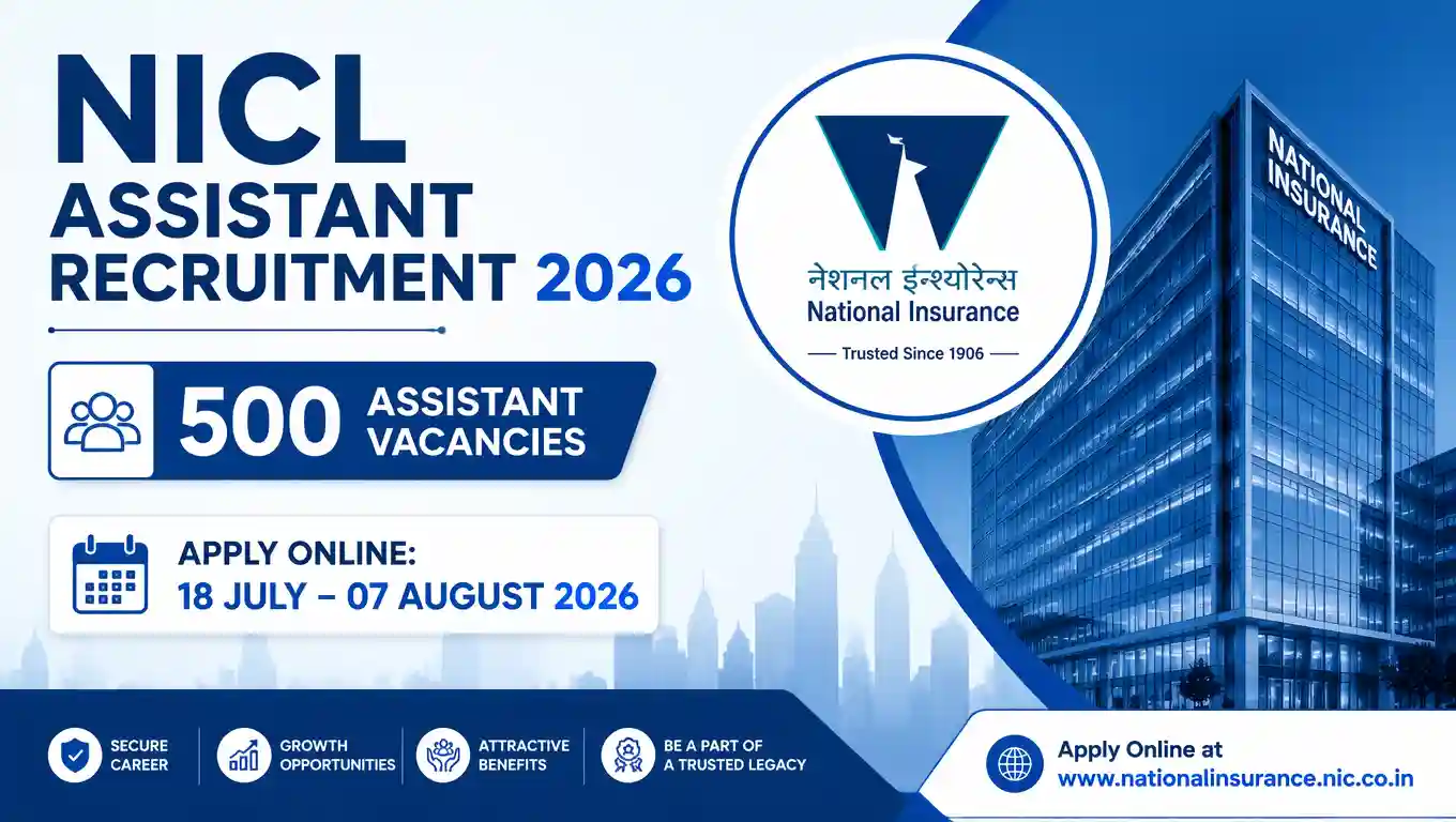 NICL Assistant Recruitment 2026 notification banner with 500 vacancies and application dates