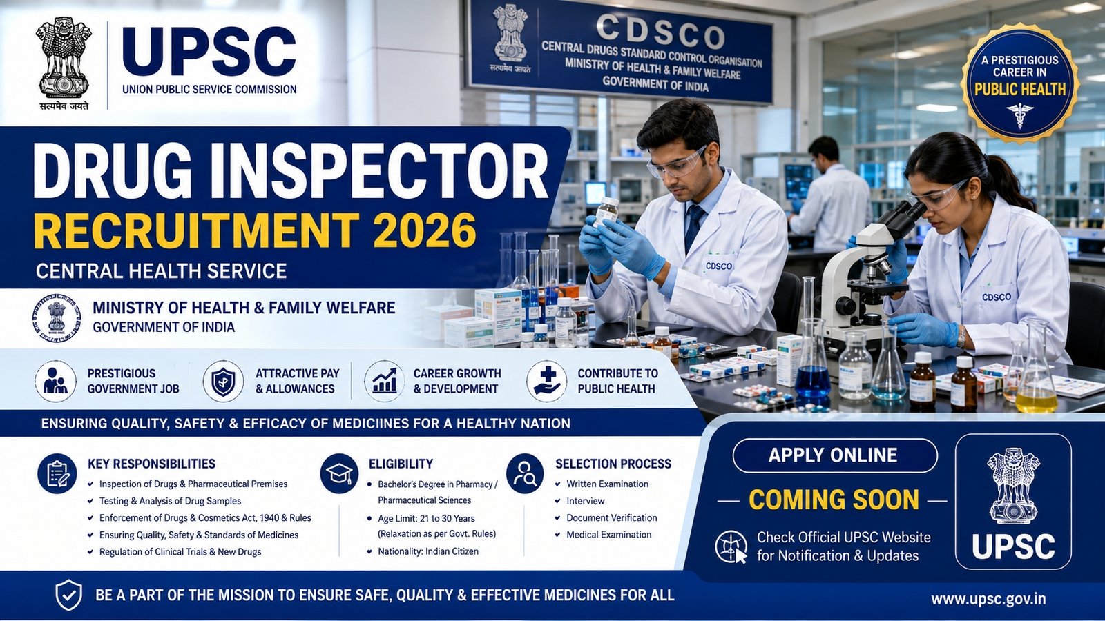 UPSC Drug Inspector Recruitment 2026 Notification for 186 CDSCO Vacancies